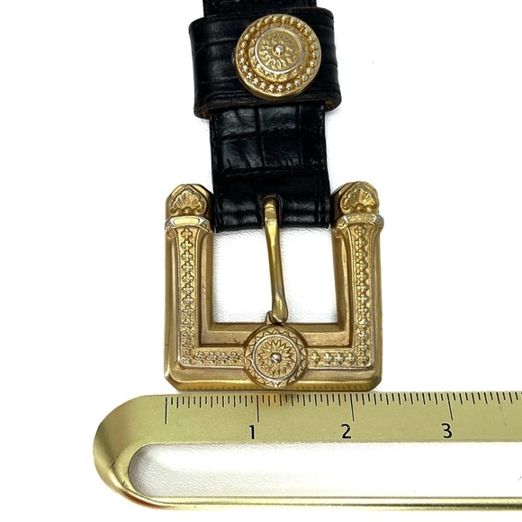 Vintage Brighton Belt Size XS/S Black Crock Embossed Leather Chunky Gold Buckle - Picture 10 of 11